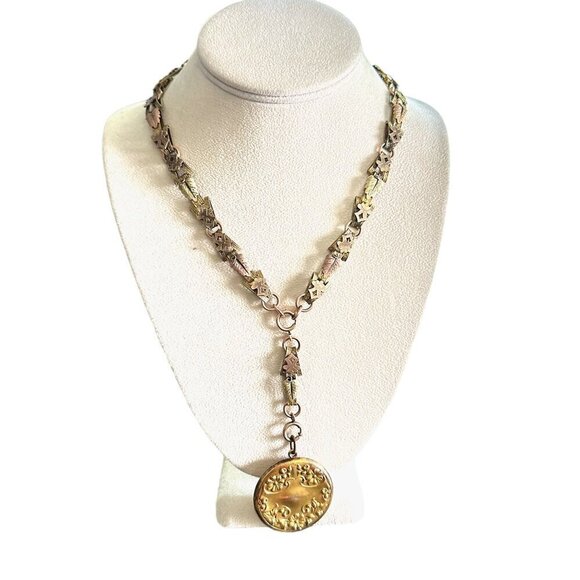 Antique Victorian Womens Necklace Gold Filled Tri Color Book Chain Locket 1800s - Picture 7 of 11